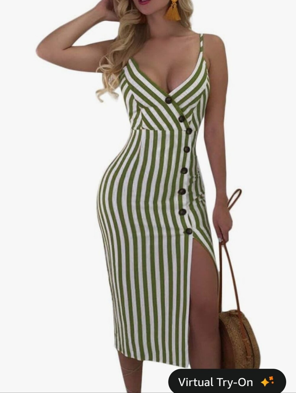 Striped Button-Front Spaghetti Strap Midi Dress Green and White